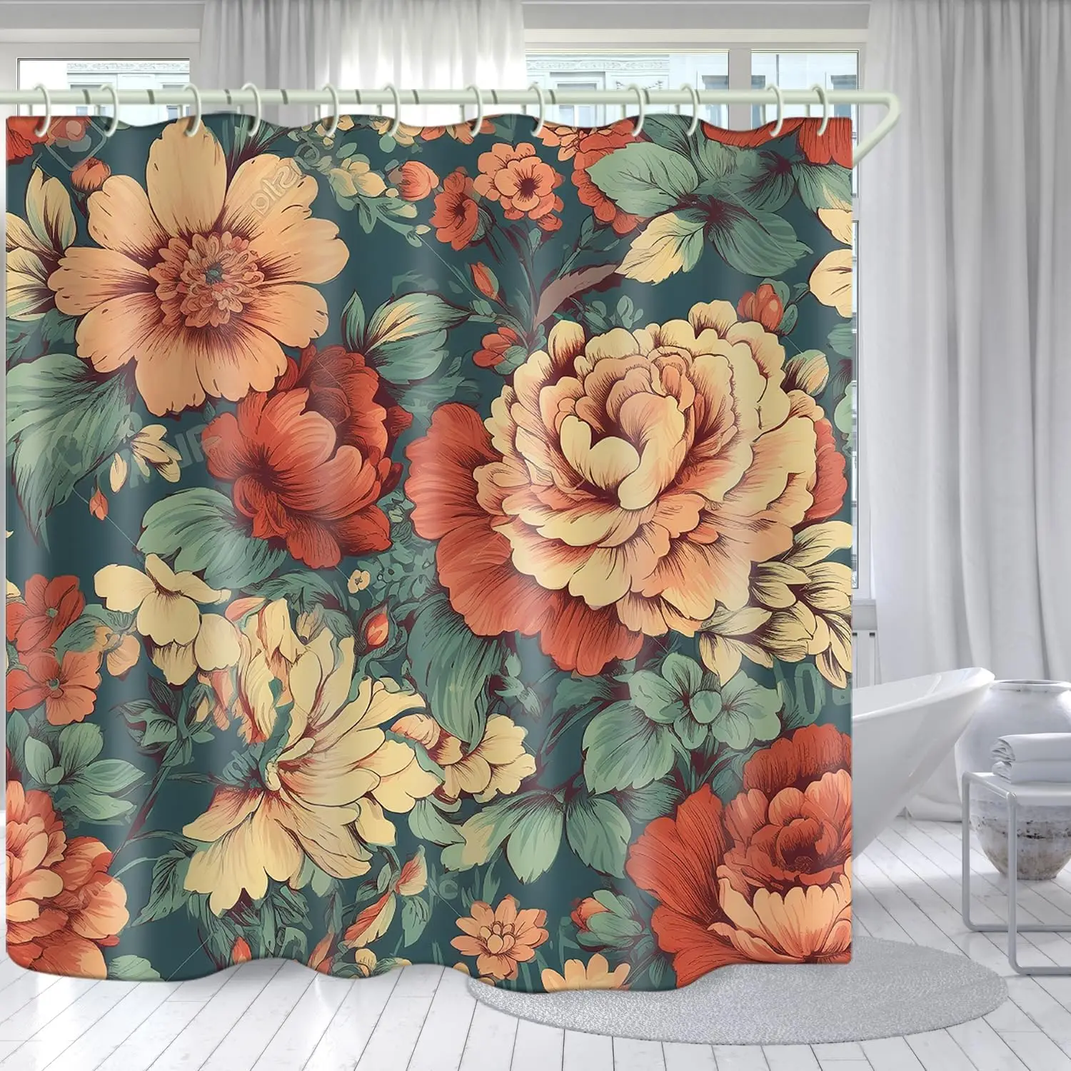 El baño utiliza una cortina de ducha 3D de flores vintage, cortina de ducha estándar para bañera de lujo, cortina de ducha de tela impermeable y brillante