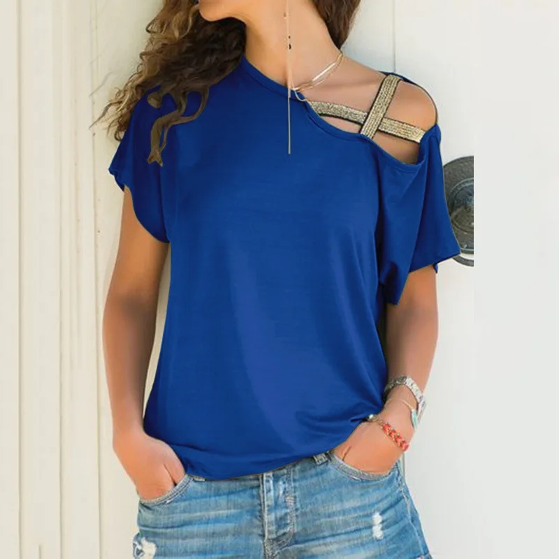 

5XL Summer 2022 Women's Diagonal Neck T Shirt Irregular Cross Short Sleeve Sexy Off Shoulder Top Blusa Femme One Shoulder Shirt