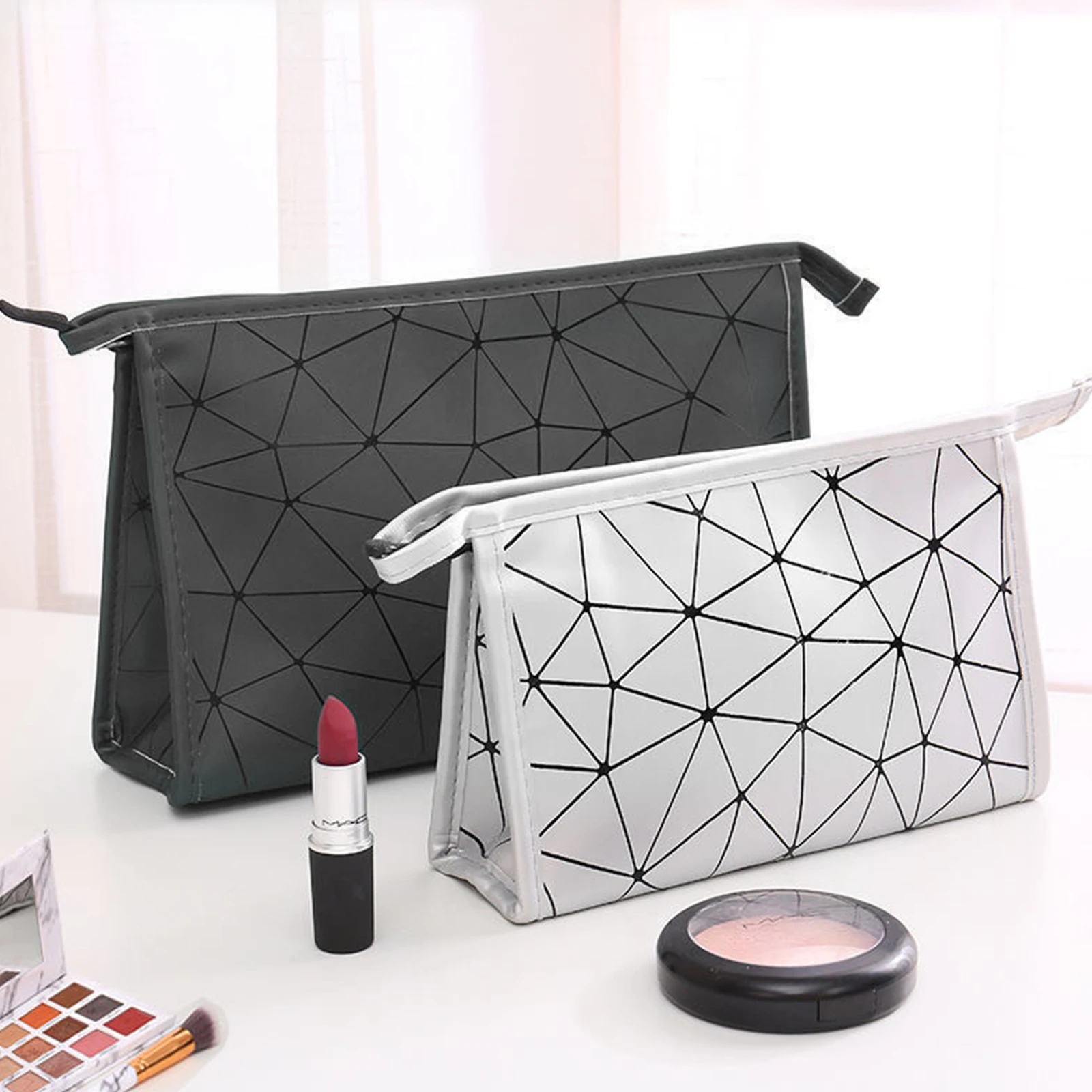 

Black/Silver Zipper Large Cosmetic Bag Makeup Bag Travel Make Up Toiletry Bag Washing Pouch Pen Pouch Portable Waterproof Bag