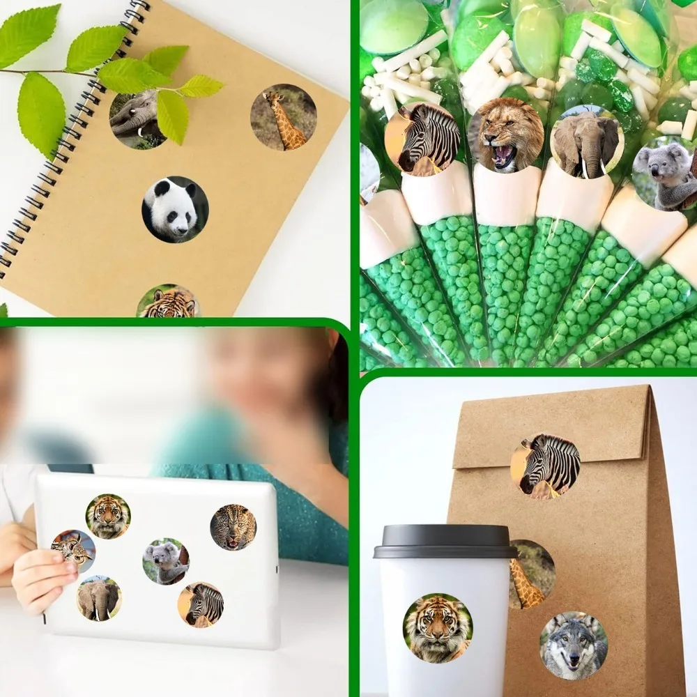 500 uds/rollo de pegatinas de animales, pegatinas de tigre, pegatinas de León, pegatinas de Panda, 8 tipos diferentes de pegatinas de animales