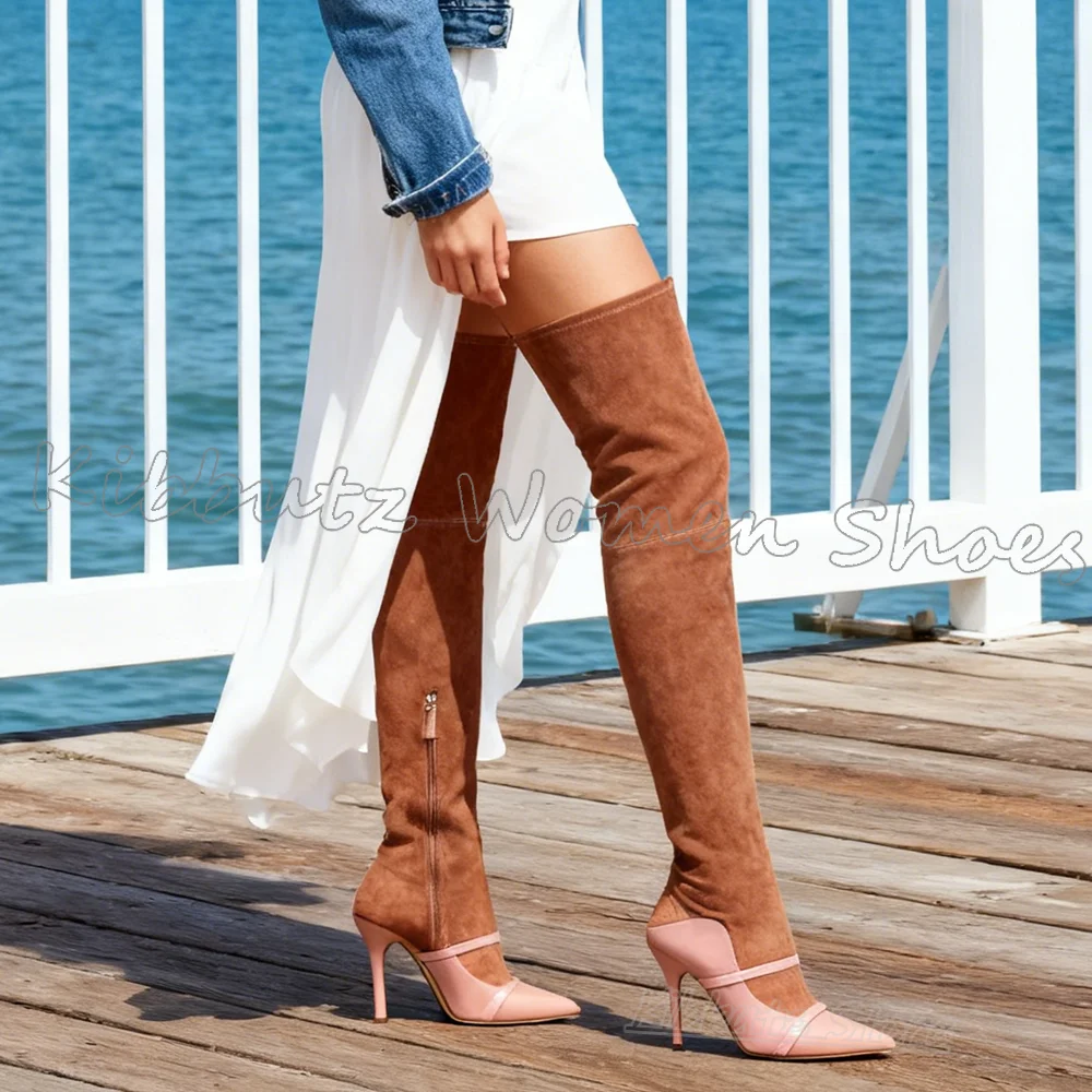 Suede Boots Over The Knee Leather Side Zipper Mixed Color Fashion Luxury Elegant Concise Novelty Spicy Girls Shoes Pointy Heels
