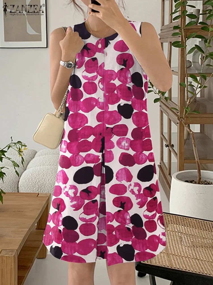 أنيق النساء الدبابات فساتين 2025 ZANZEA الصيف بلا أكمام مطبوعة Sudress موضة فستان مناسبات عادية س الرقبة مطوي Vestidos