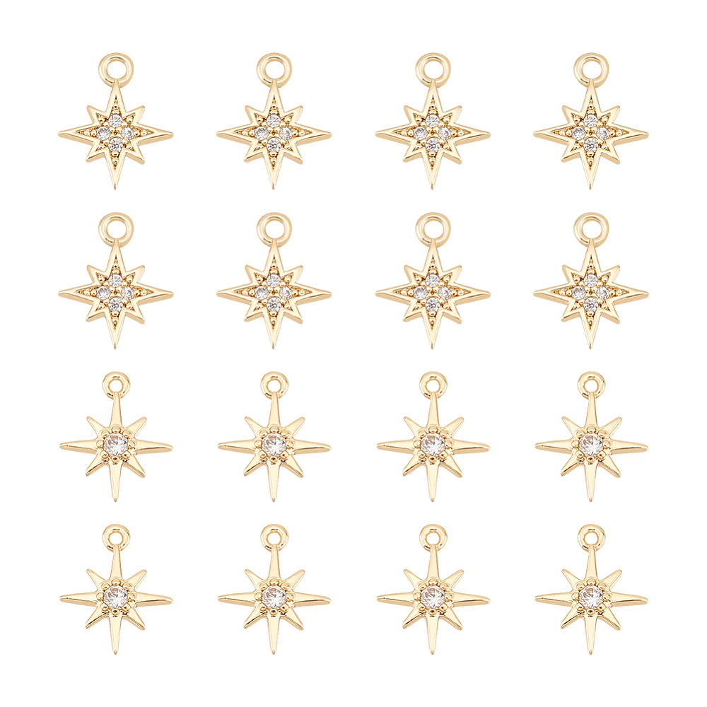 

1box 16pcs 2 styles Brass Micro Pave Cubic Zirconia Eight Pointed Star golden 10.5~11x8.5~9x1~2mm Hole: 1mm 8pcs/style