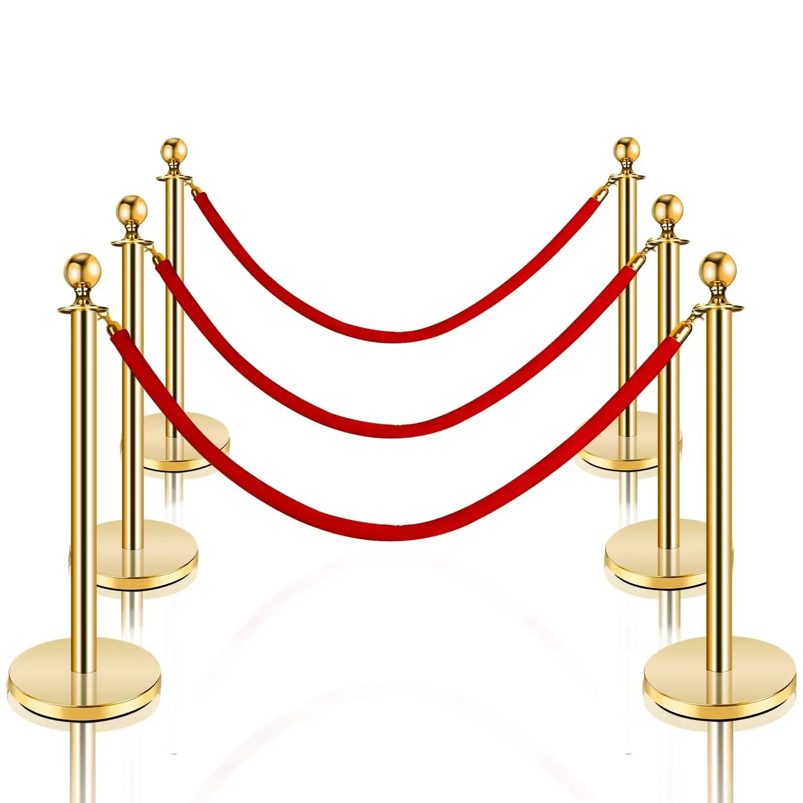 8pc Stainless Steel Stanchion Post Queue 5 ft Red Velvet Rope Red Carpet Ropes and Poles Crowd Control Barriers（37in）