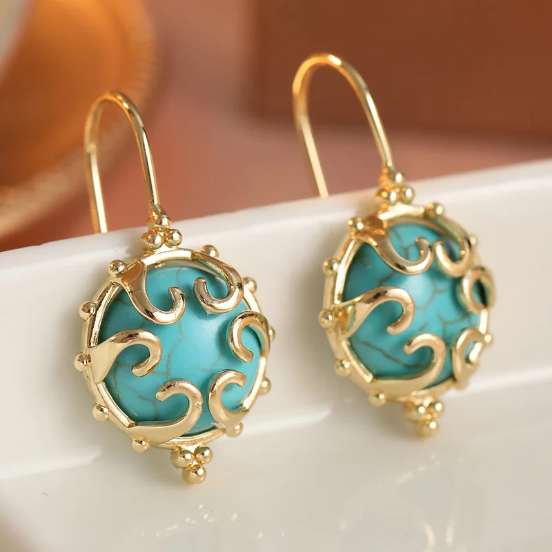 Luxury Vintage Green Synthetic Turquoise Earrings Circular Hollow Carving Pendant Earrings Women's Elegant Jewelry Accessory