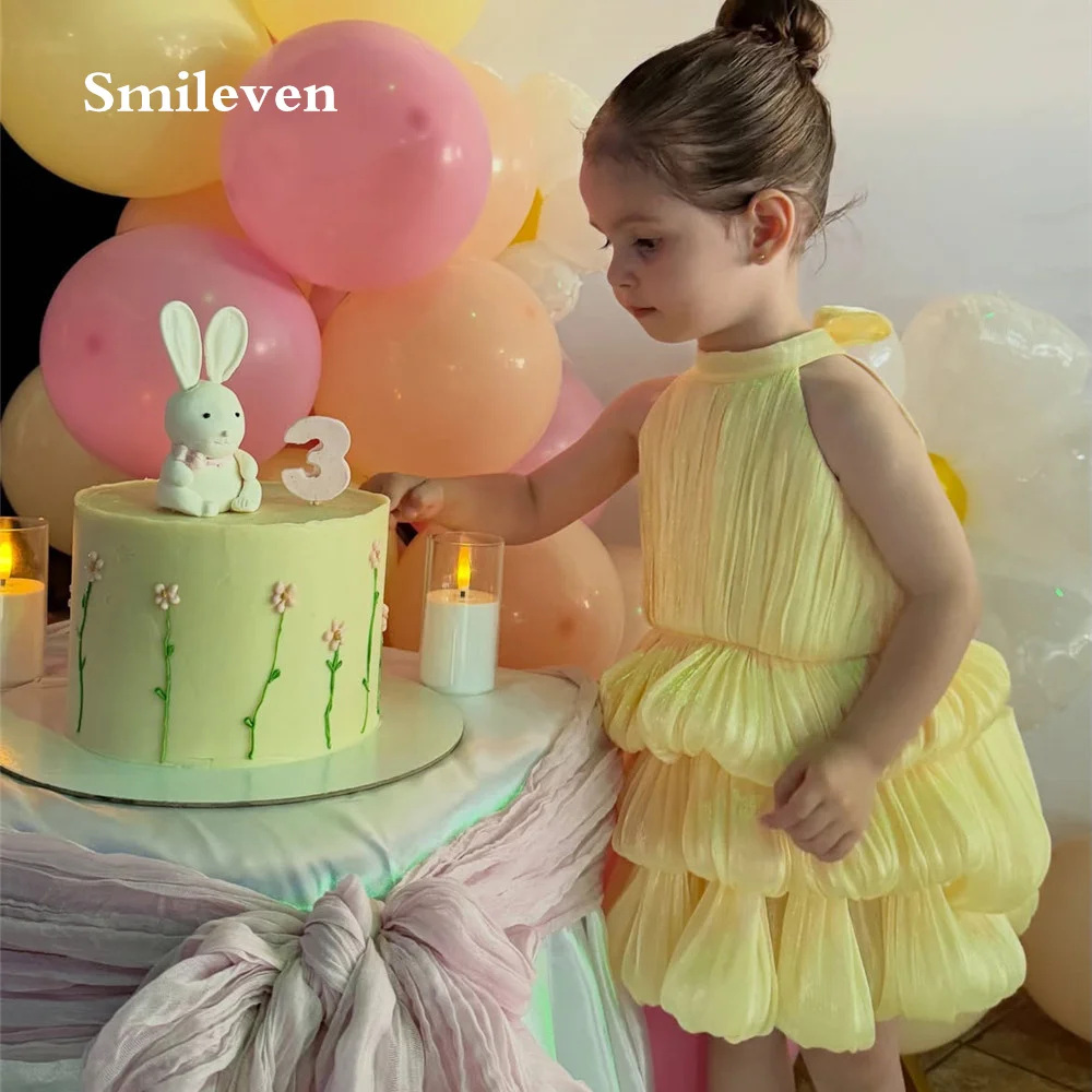 smileven-yellow-crinkle-halter-neck-flower-girl-dresses-tiered-ruffle-kids-birthday-dress-cake-layer-party-gowns-customized