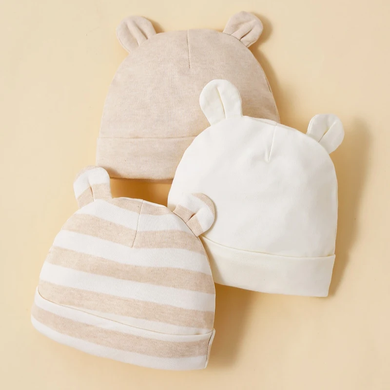 3 Pieces Unisex Baby Hats Apricot 100% Cotton Soft Comfortable Fashionable and Minimalist 0-12 Month