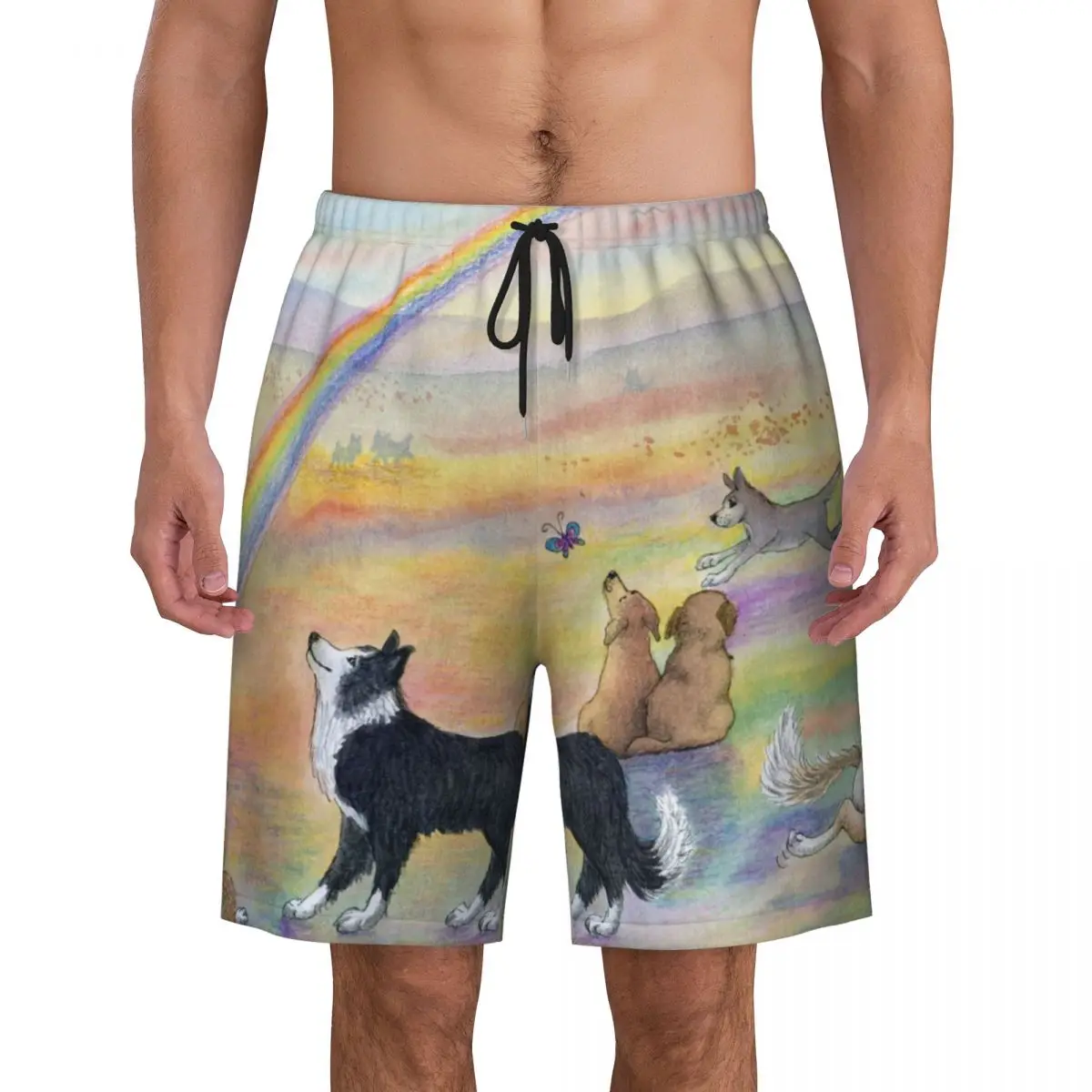 Dogs Wait For Their Humans At Rainbow Bridge Swim Trunks Swimwear Dry Beach Board Shorts Bearded Collie Pet Swimming Boardshorts