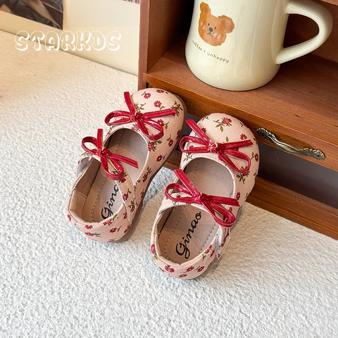 Туфли Мэри Джейн с цветочным принтом и бантом, детские балетки с милыми бантами для девочек, балетки на плоской подошве для маленьких детей, балетки с розовым цветком, Zapatos