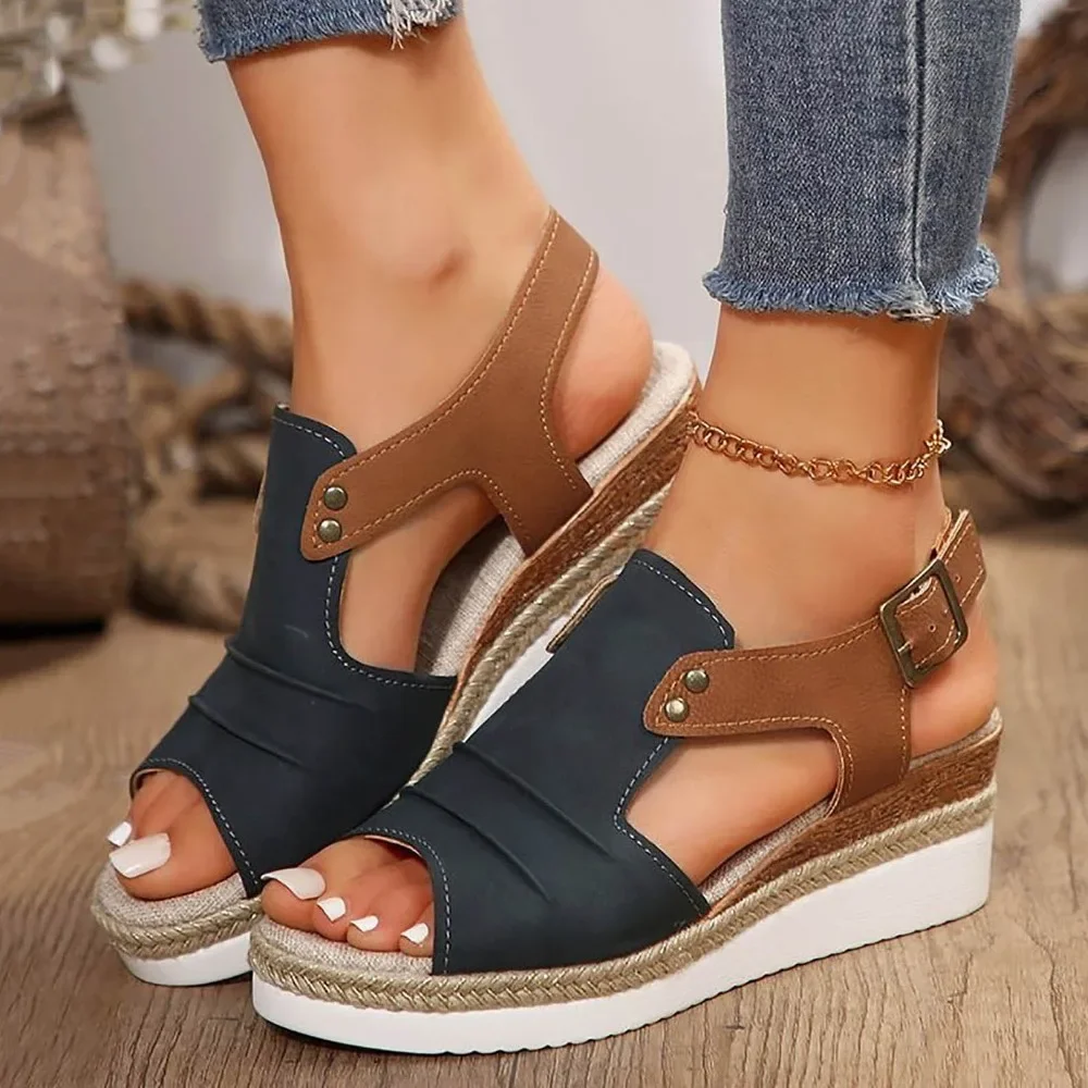 Women Espadrille Wedge Sandals Open Toe Slingback Cutout Platform Sandals Ladies Summer Casual Mixed Color Rivet Decor Beach