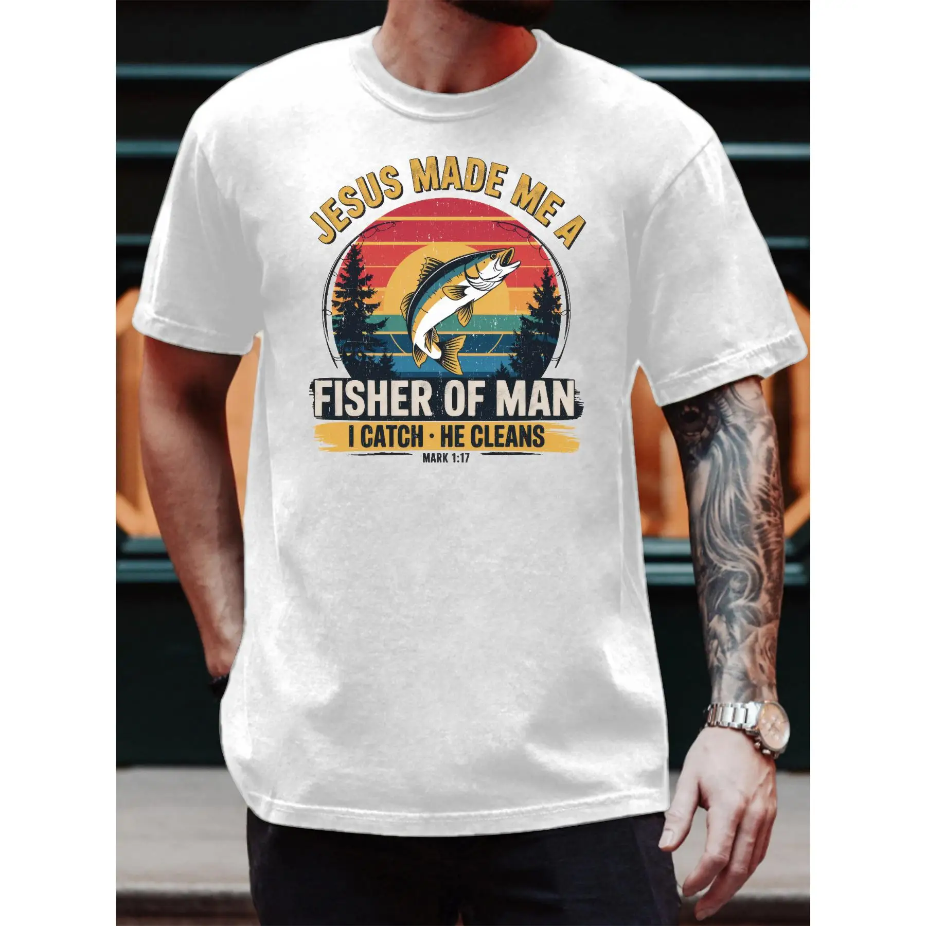 

Men's Christian T-Shirt Jesus Made Me A Fisher of Man Graphic Tee Funny Fishing Slogan Top