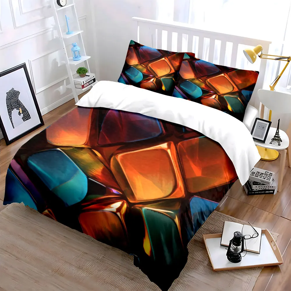 Iridescent Glossy Gem Cube Duvet Cover Set,Transparent Stained Glass Block Bedding Includes 1 Duvet Cover And 2 Pillowcase,Gift