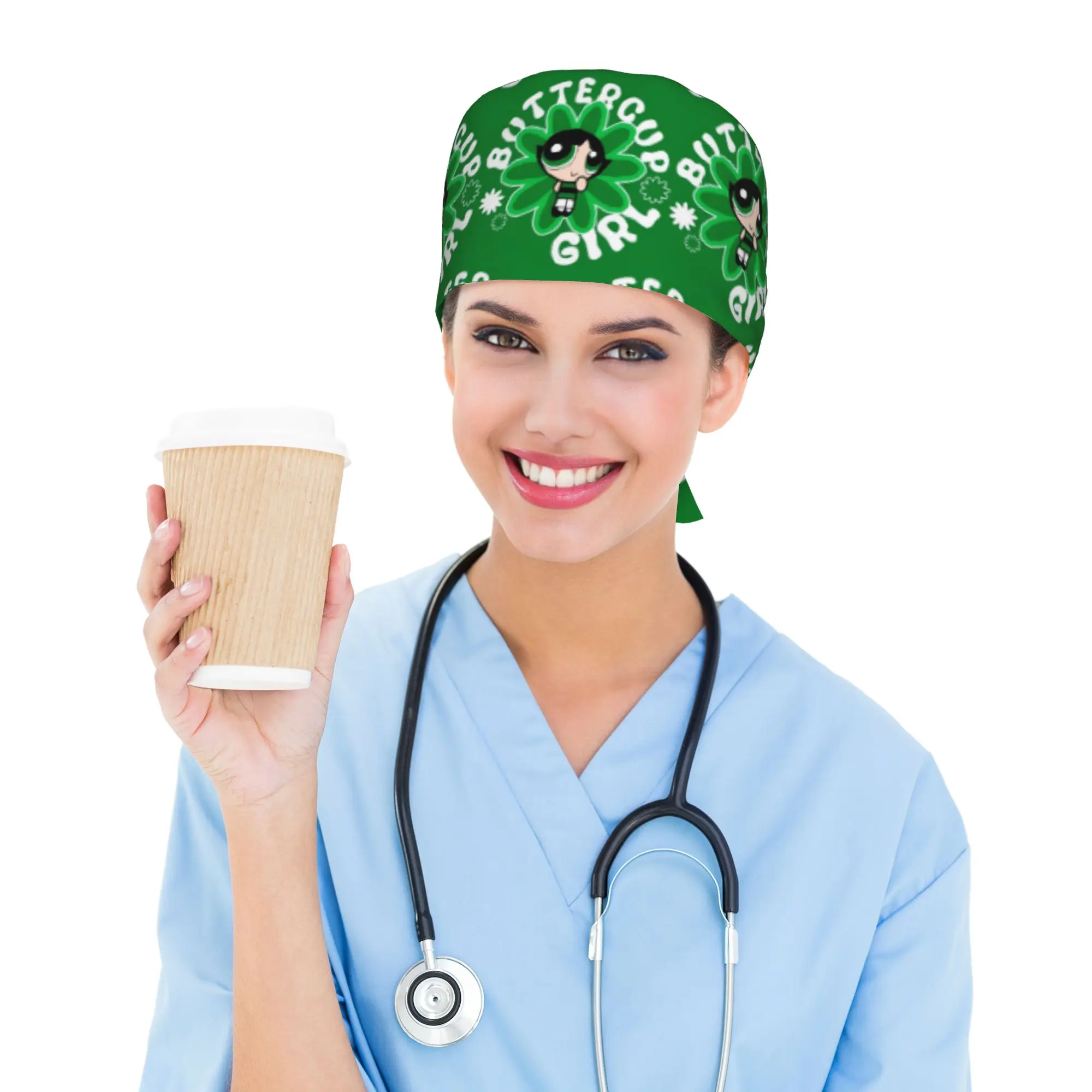 Custom Poweres Anime Puffes Breathable Nursing Work Cap Surgical Scrub Caps Unisex Nurse Medical Cap Cartoon Work Scrubs Hat