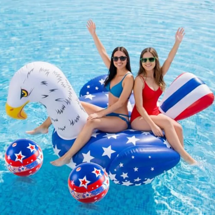 

4th of July eagle pool float for outdoor swimming, vinyl material, red-white-blue color, extra-large 60'' size with 2 beach bal