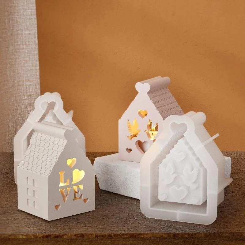 3XUA 3D Silicone Holder Mold for Home Decoration and Crafts Night Light Mould Hollow Out House Shaped Ornament Mould