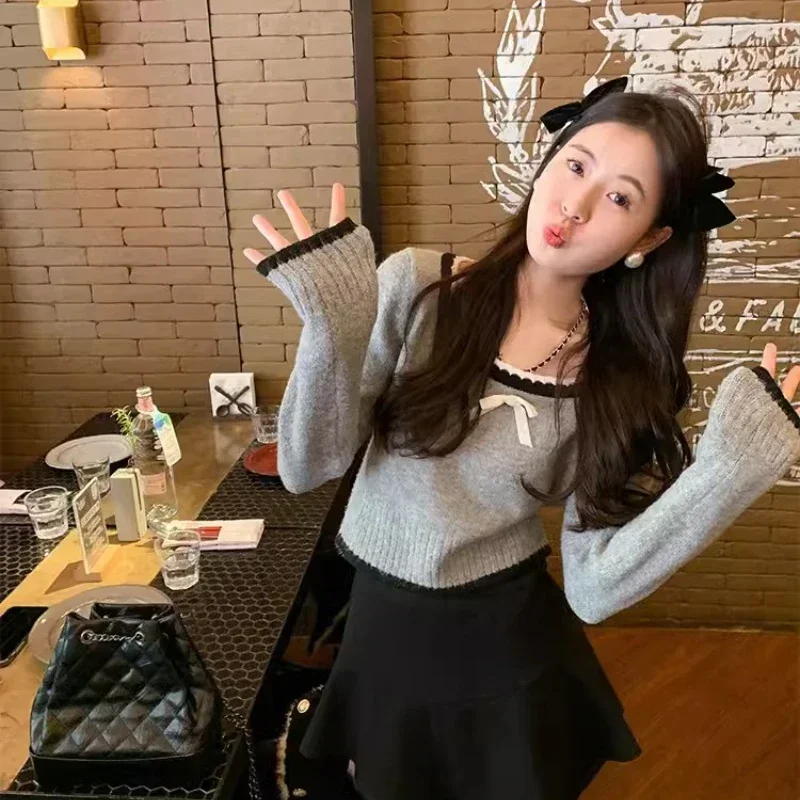 

Korean Fashion Sweet O-neck Pullovers Women Spring New Design Sense Long-sleeved Short Thin Versatile Y2k Sweater Female