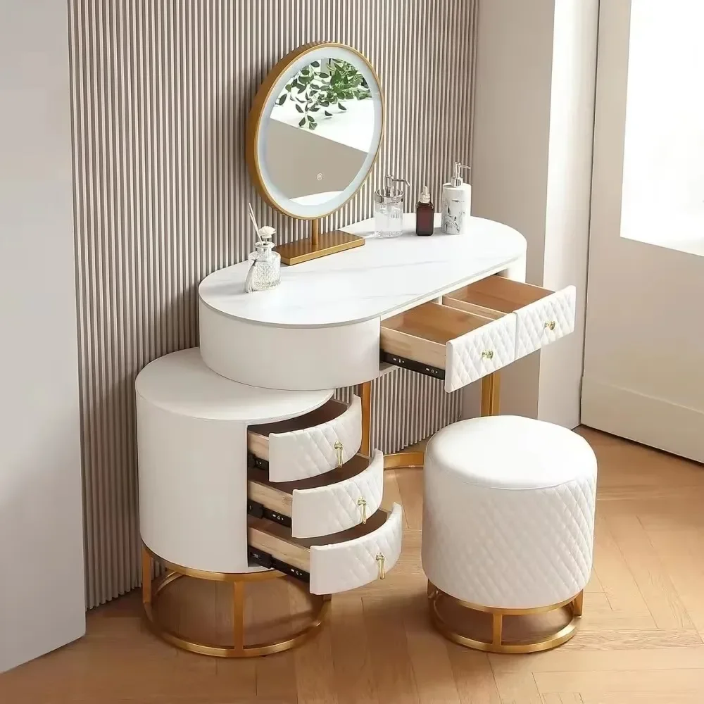 Premium Faux Leather Vanity Desk Set with Integrated LED Mirror, Comfy Stool and Multifunctional Drawers, Desk Dressers