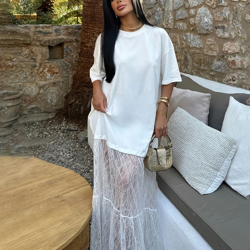 2026 Spring and Summer Sexy Spice Women's Dress Lace Dress Round Neck Sweater Stitching Lace Skirt