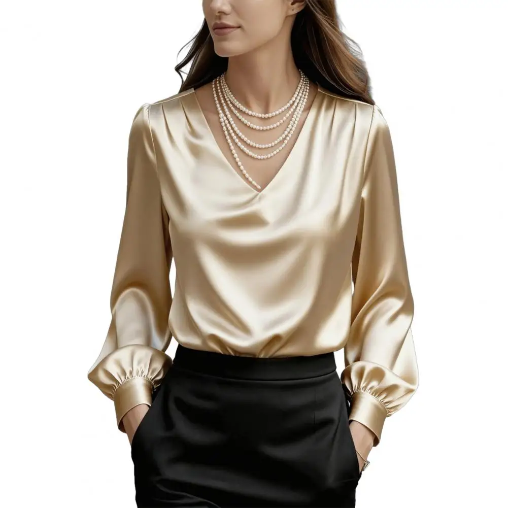 

Новинка 2026: Женская блузка из сатина с V-образным вырезом, универсальный топ с пышными рукавами и возможностью складывания, 80% содержание сатина