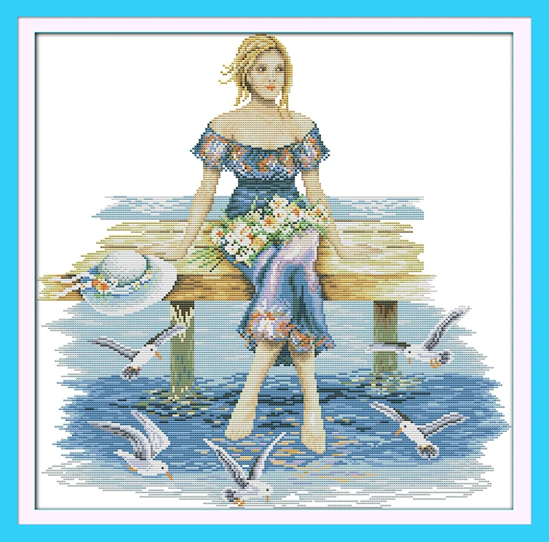 

Joy Sunday New Stamped Cross Stitch Kit,11/14/16CT DIY Easy Pattern Aida Fabric Embroidery Set-Beauty in The Seaside(1)