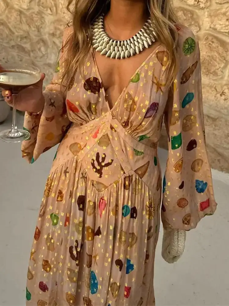 Elegante V-hals Hoge Taille Vakantie Lange Jurk Vrouwen Casual Lange Mouw Boheemse Jurk Mode Patroon Print Chiffon Feestjurk - afbeelding 2
