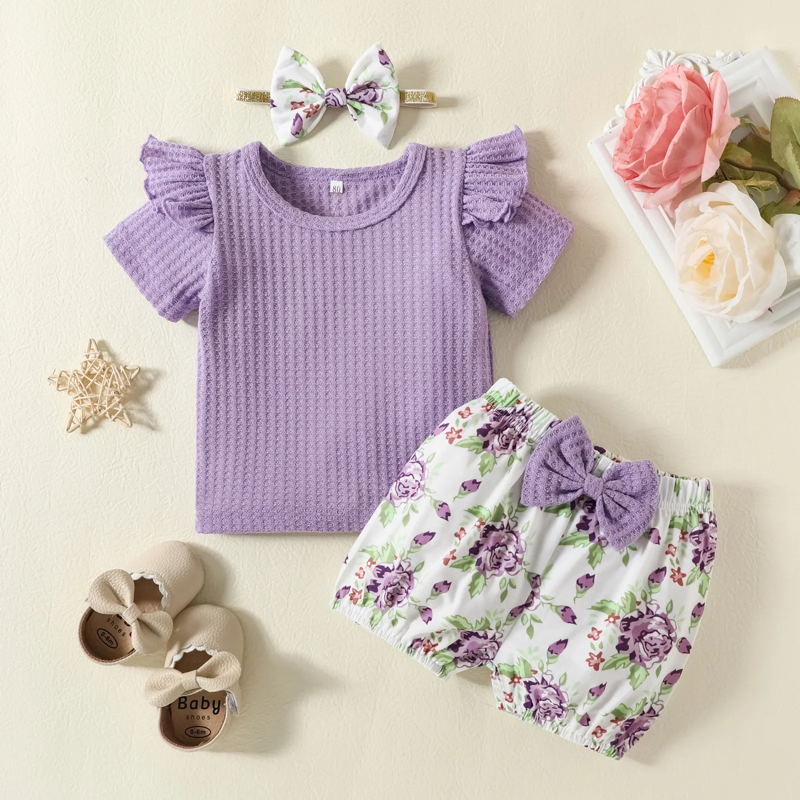 

Fashion Summer Toddler Baby Girl Clothes Set Short Sleeve Ribbed Tops+Floral Print Shorts+Headband Infant 3Pcs Outfits 1-3 Years