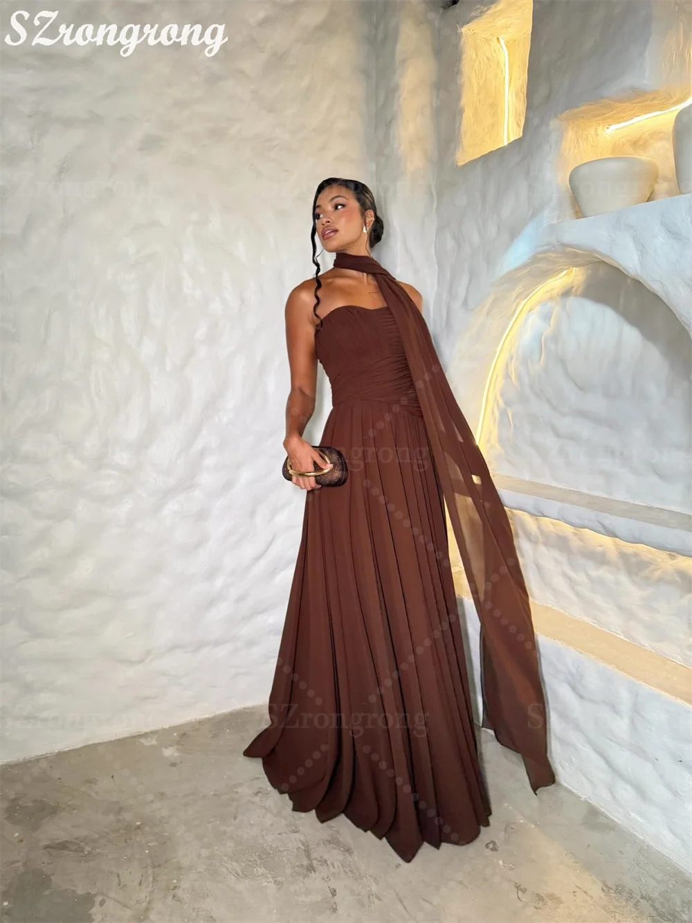 فستان سهرة شيفون كلاسيكي بياقة على شكل قلب مصنوع حسب الطلب على شكل حرف a بدون ظهر بطول الأرض مع شال فيستدوس #4