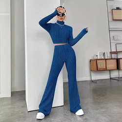 2024 Spring Women's Knitted Round Neck Long Sleeve Slim Suit High Waist Pants New Knitted Pullover Wide Leg Pants Set