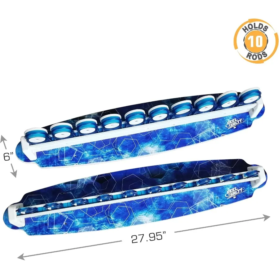 10-Rod Fishing Rod Rack for Garage or Shed – Wooden Wall-Mounted Organizer with Blue Finish, Space-Saving & Tangle-Free Storage
