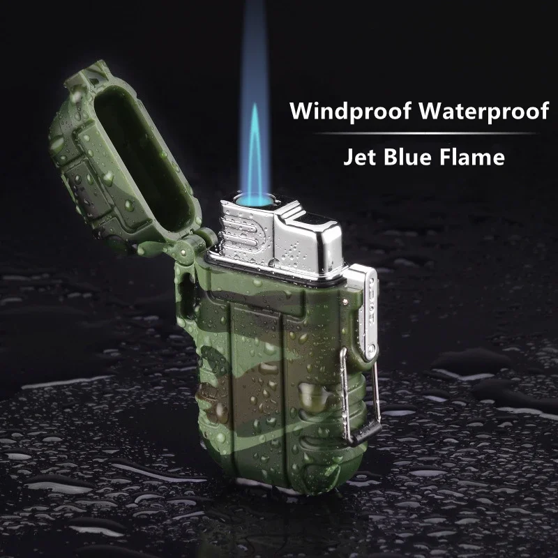 

Portable Waterproof Lighter Double Flame Jet Cigar Lighter With Lanyard Outdoor Survival Wading Tool For Men Smoking Accessories