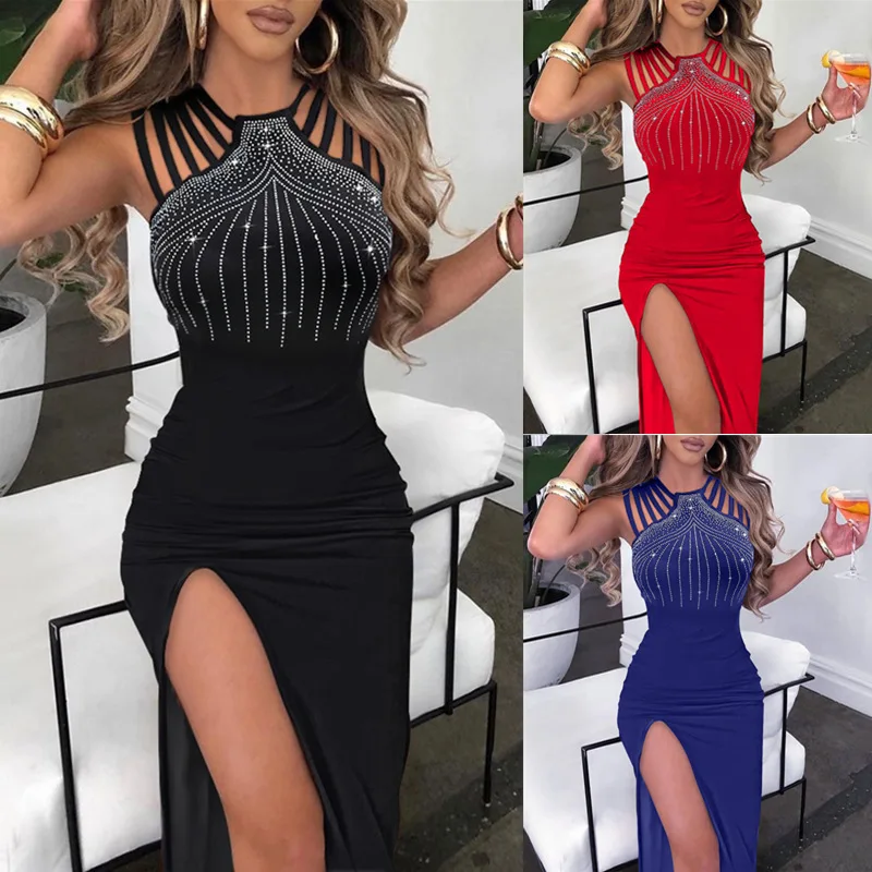 Women's S-3XL size Women's temperament hot diamond split wrap buttocks dress nightclub dinner dress Women's clothing