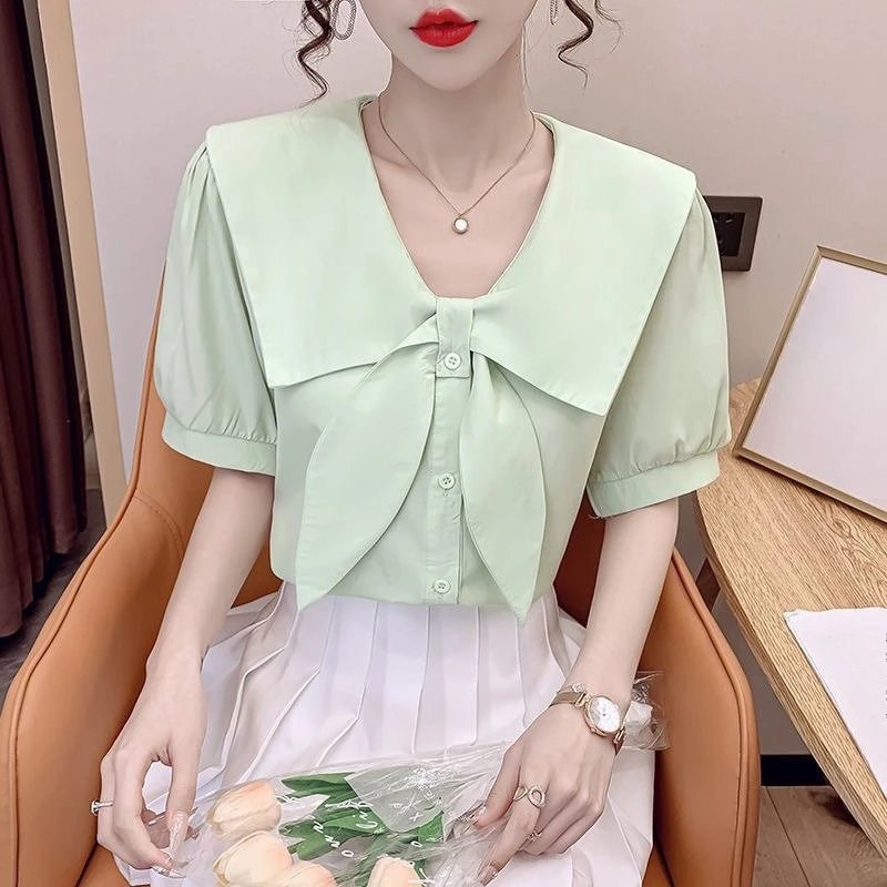 

Женская блузка с коротким рукавом 2026: Летний топ во французском стиле, премиум-качество, нишевый дизайн, синий с бантом, шикарный дизайн