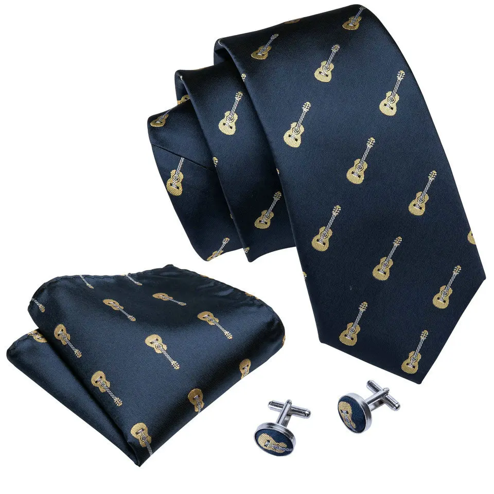 Corbata de lujo para hombre, conjunto de gemelos cuadrados con bolsillo, guitarra azul para hombre, corbatas para fiesta de negocios y boda, regalo