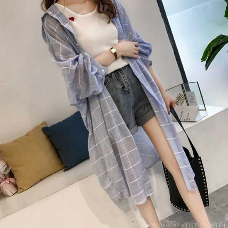 Spring and Autumn Korean Edition Minimalist Fashion Mid Length Blouses Polo Collar Printed Checkered Button Women\'s Shirt Top