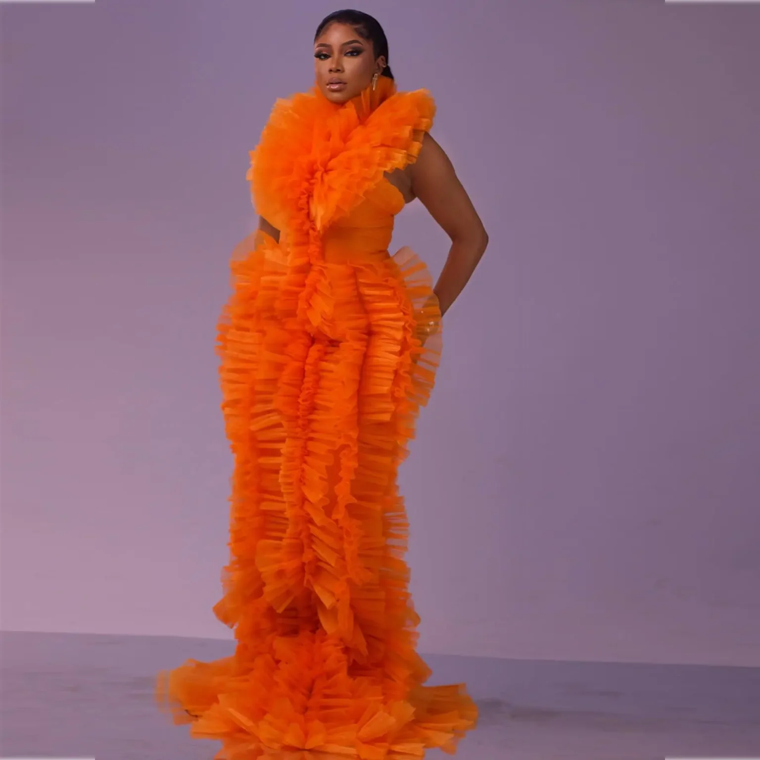 

Orange Couture Prom Dress Off Shoulder Layered Long Prom Gowns Luxury Straight Customized Lush Prom Dresses Sleeveless