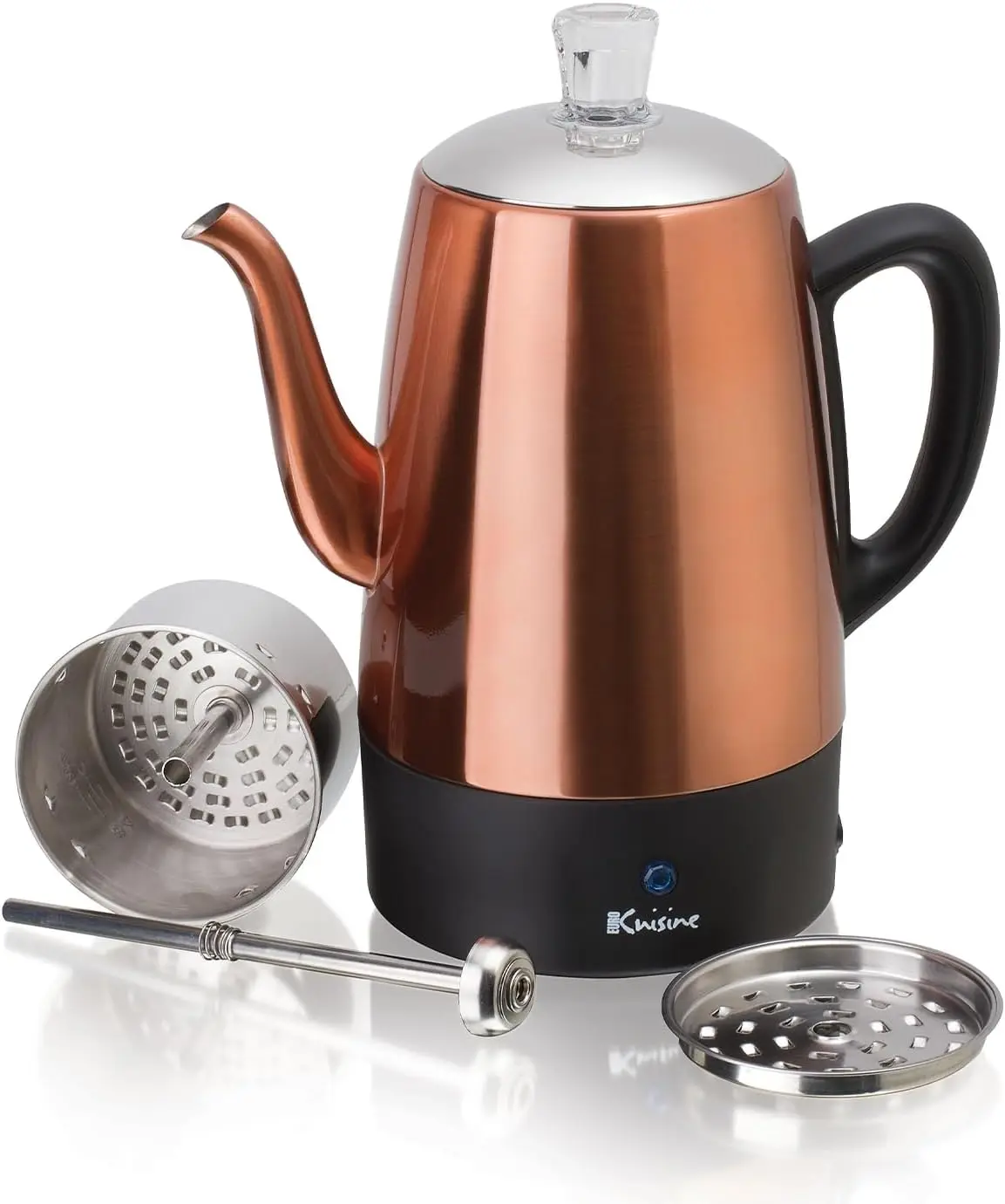 

PER08 Stainless Steel Electric Coffee Percolator, 8 Cup, Polished Copper Finish, Dripless Gooseneck Spout, Clear Glass Knob, Bre