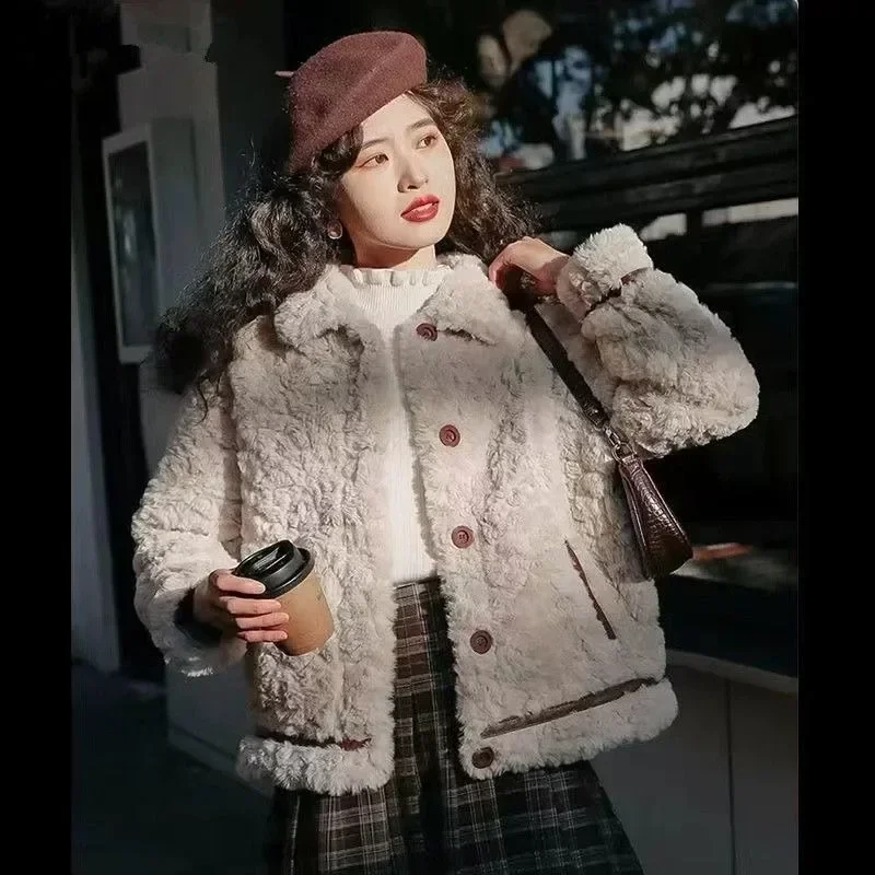 작은 향기로운 바람 두꺼운 램 플러시 짧은 코트, 여성 2025, 겨울 패션, 짧은 체형, 인조 모피, 여성 재킷, 신상