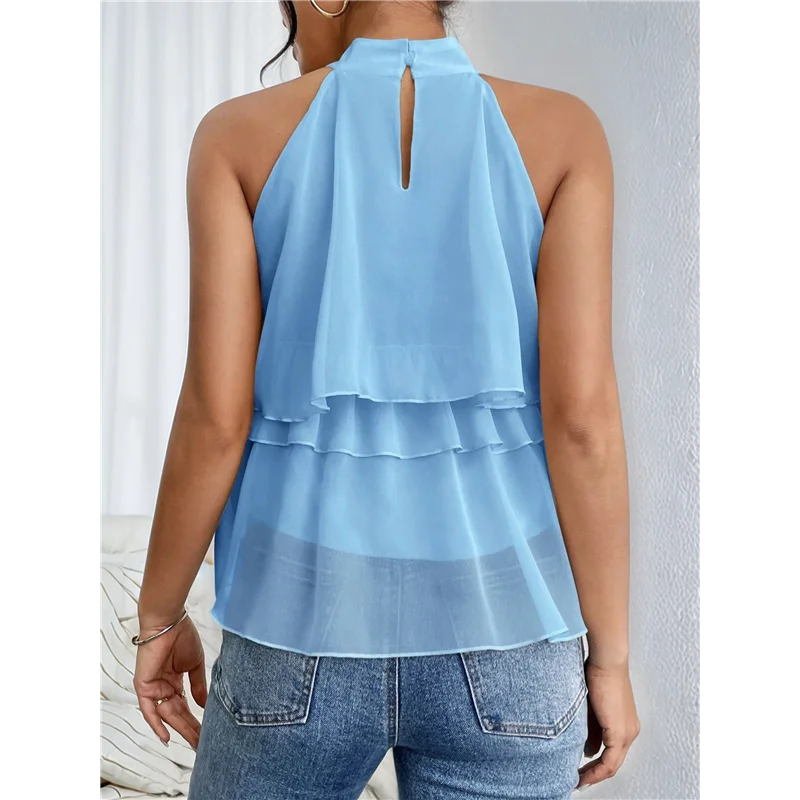 

A83F-Women's Layered Ruffle Hem Sleeveless Halter Chiffon Blouse Flowy Tank Tops