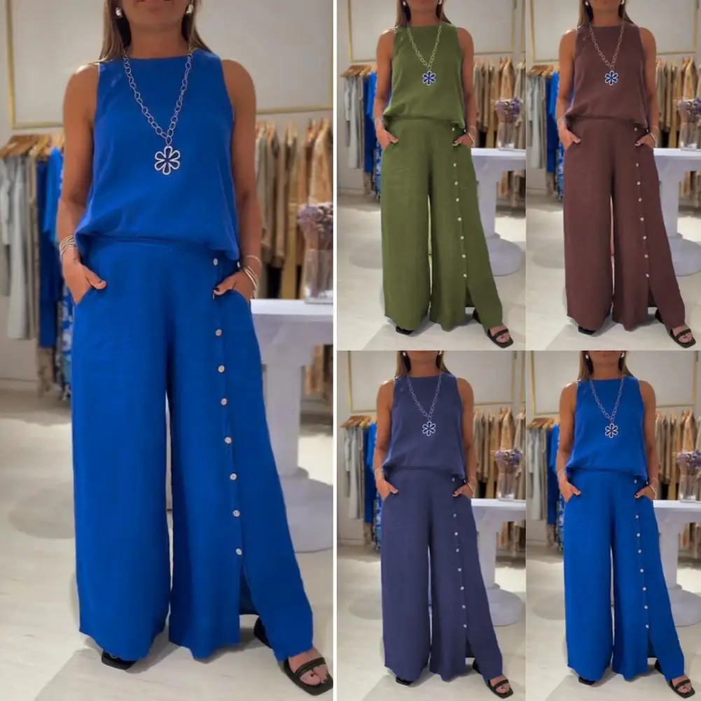 

Loose Fit Top Wide-leg Pants Combo Stylish Women's Cotton Linen Two-piece Sets Top with Wide Leg Pants Lounge Set with Pockets