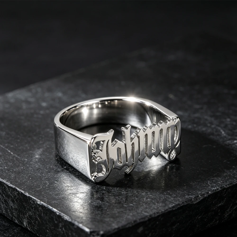 Customizable Old English Gothic Name Ring Hollow Letter Cutout Stainless Steel Hip Hop Statement Ring Personalized Jewelry Gift