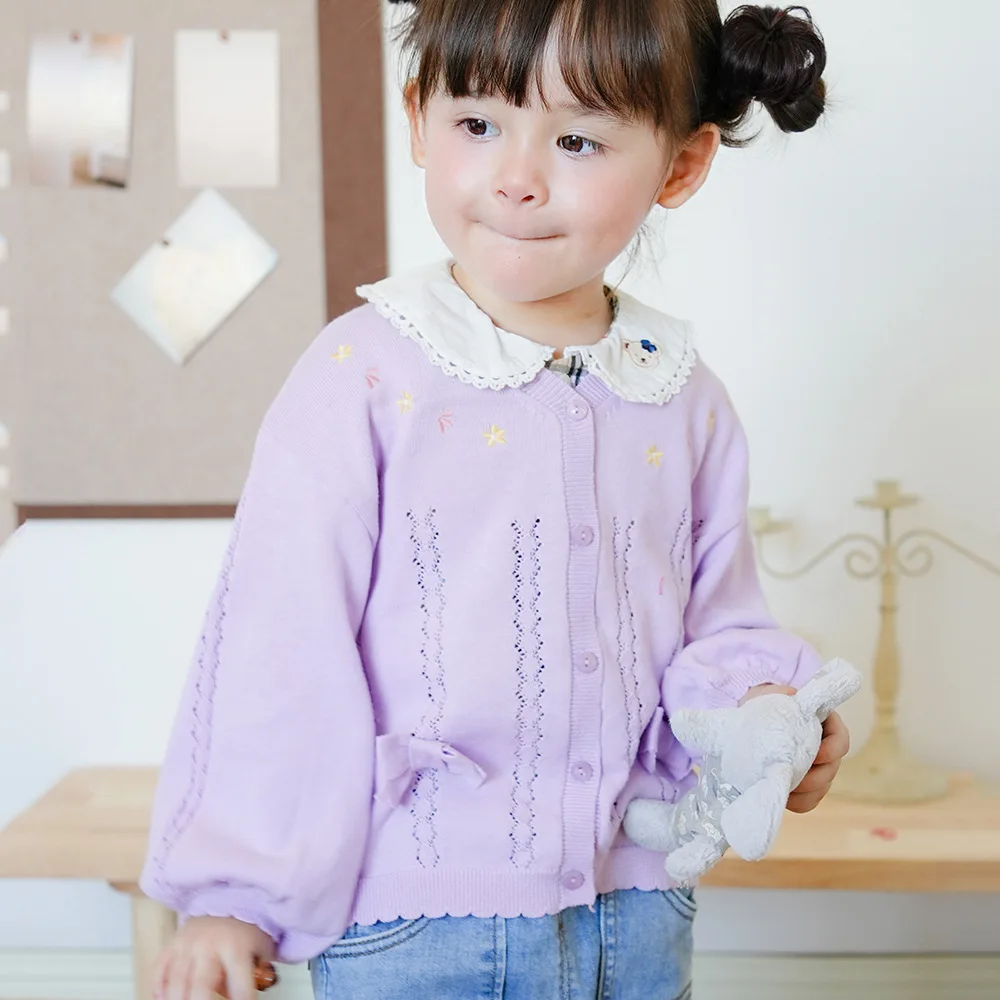 1-6yrs Cute Bow Purple Embroidery Jacket Girls Cardigan V-neck Sweater Pink Coat 1 2 3 4 5 6 Years Old Kid Clothes OGC241113