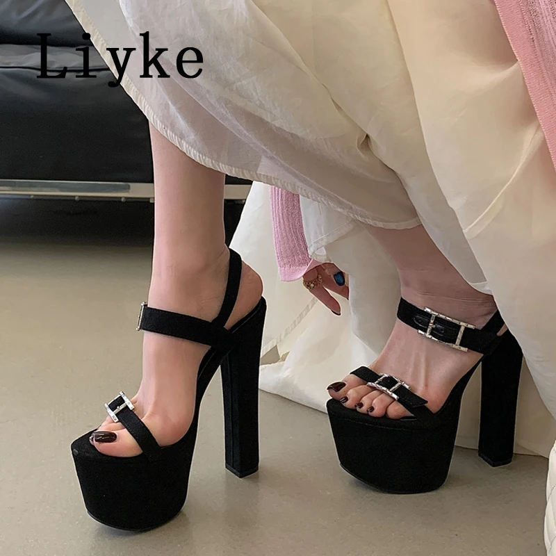 

Сексуальные туфли Liyke с открытым носком для танцев на пилоне, вечеринок и клубов, модные женские босоножки на массивной платформе с ремешками и пряжками, черные