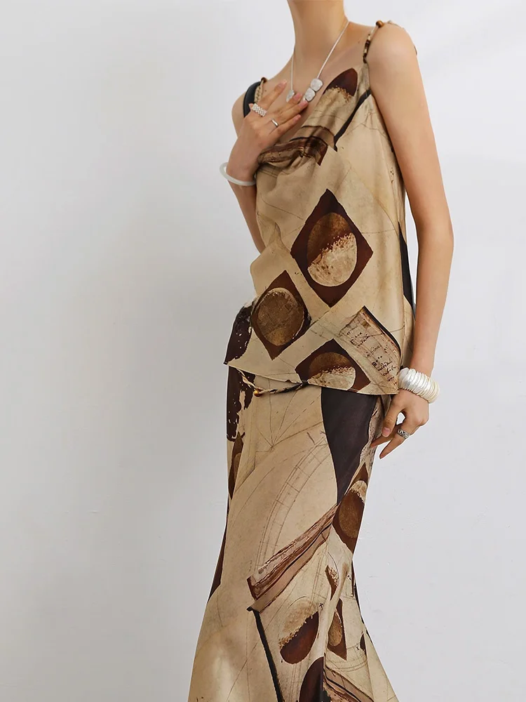 

Ele VB Art Asymmetrical Cutout ter Top Beaded Desert Print Slimming Vest Women's Faion Summer Thin Regular Length