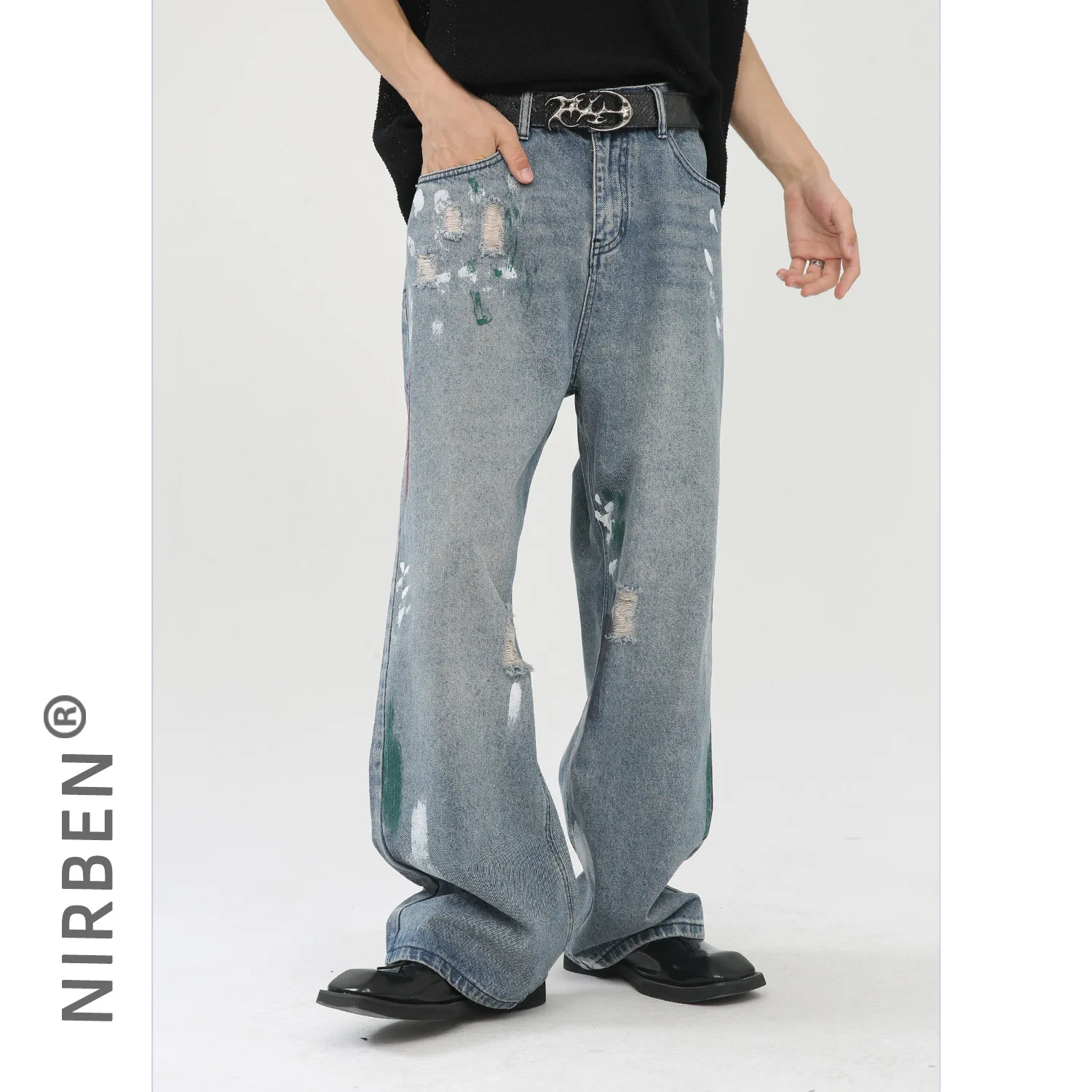 Denim, Painted And Washed Craft, Straight Loose Jeans, Men's Retro Youth Casual Trousers, Men's