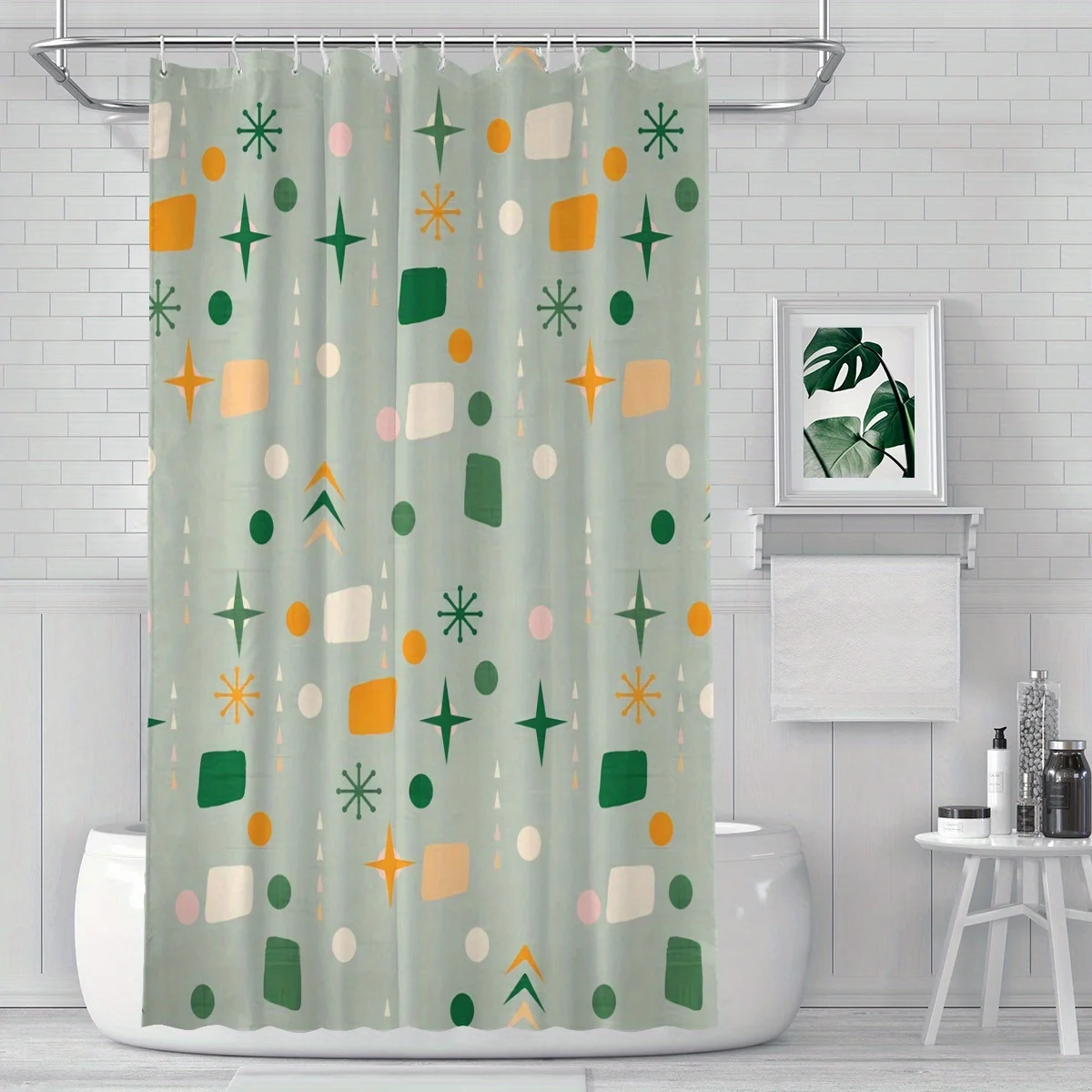 Mid-Century Modern Atomic Pattern Shower Curtain Green Orange Cream Retro Bathroom Decor Original Design