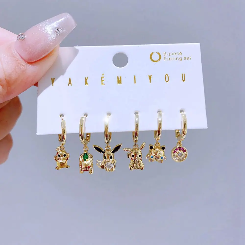 6pcs/Set Cute Cartoon Animal Pendants Huggie Hoop Earrings for Women Gold Color Zircon Crystal Jewelry