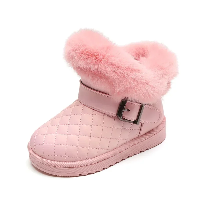 Botas de neve cobertas de couro infantil, Botas curtas de algodão grosso antiderrapante, Sapatos de algodão bebê, Sapato infantil para menina, Inverno