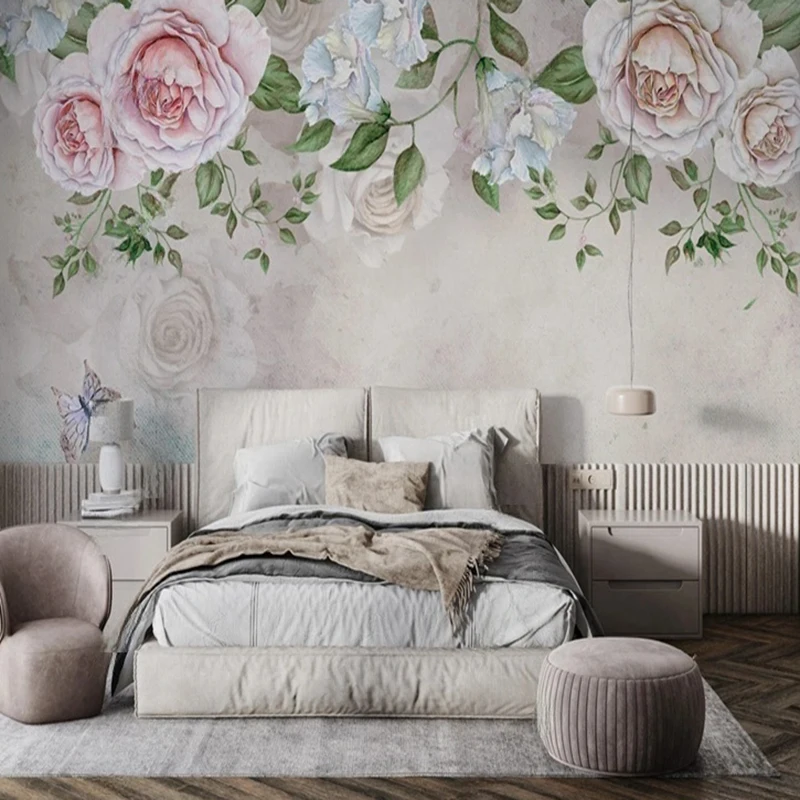 Hand-Painted Style Wallpaper Pastoral pink Floral Vintage Pattern Custom-Sized Mural Decor Background Wall Covering wardrobe