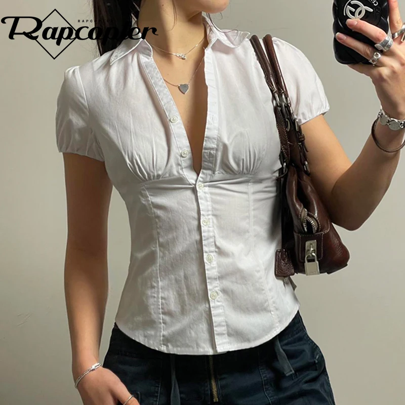 Rapcopter y2k White Pocktes T Shirt Single-Breasted Short Sleeve Crop Top Women Basic Casual Streetwear Tee Summer Korean Office