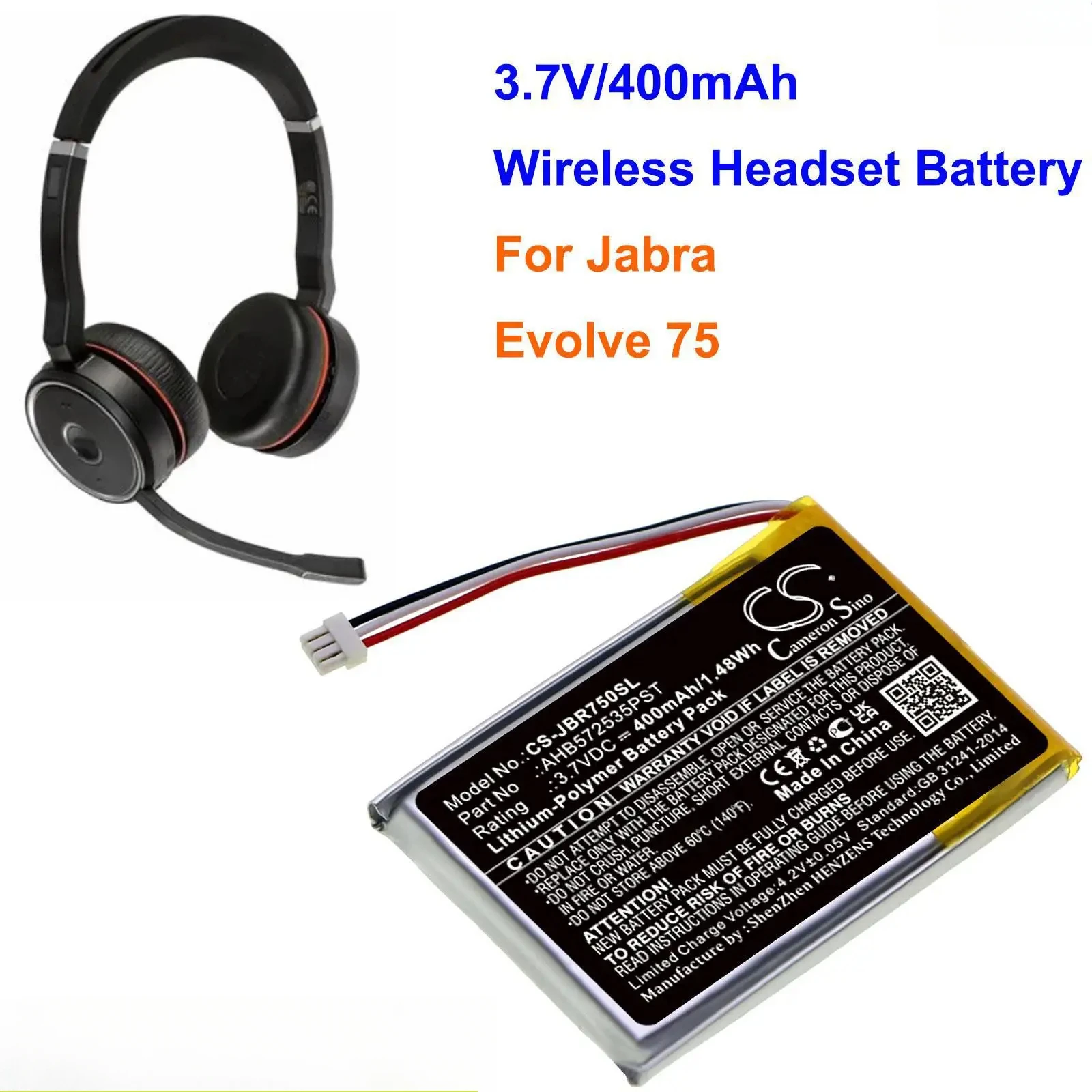 CameronSino 400mAh / 1.48Wh Wireless Headset Battery AHB572535PST for Jabra Evolve 75